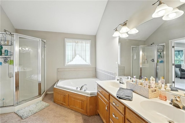 2353 SW Switchback Ct, Lees Summit, MO 64082 - full bath featuring vaulted ceiling, a stall shower, double vanity, and a bath