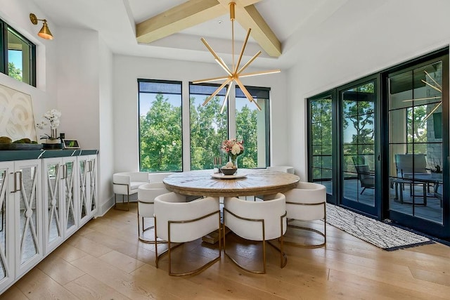 27497 W 108th St, Olathe, KS 66061 - dining room featuring healthy amount of natural light, beamed ceiling, wood-type flooring, a chandelier, and coffered ceiling