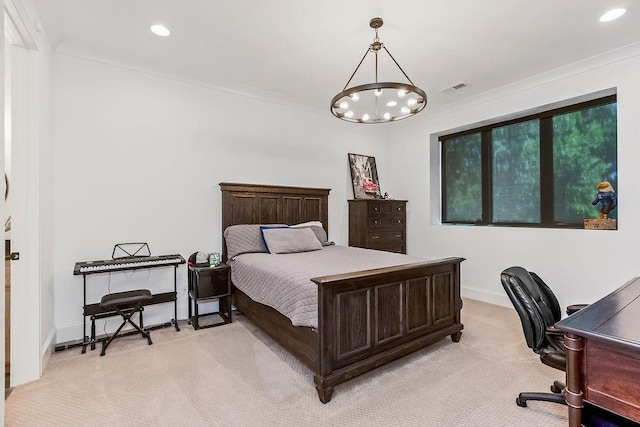 27497 W 108th St, Olathe, KS 66061 - bedroom featuring light carpet, a desk, ornamental molding, a chandelier, and recessed lighting