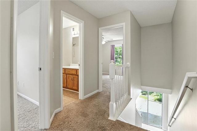 1501 SW Shelby Dr, Lees Summit, MO 64081 - hallway with an upstairs landing and light carpet