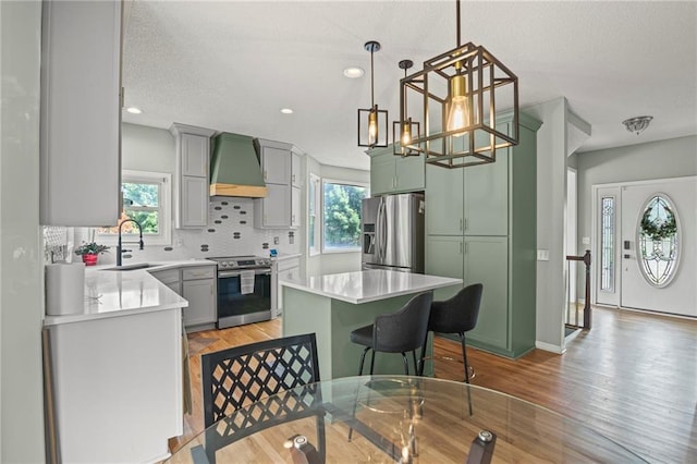 14510 W 138th Ter, Olathe, KS 66062 - kitchen featuring appliances with stainless steel finishes, premium range hood, plenty of natural light, light countertops, and a textured ceiling