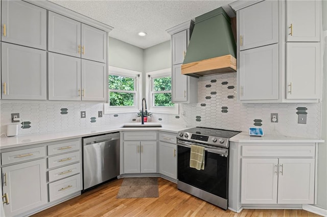 14510 W 138th Ter, Olathe, KS 66062 - kitchen with stainless steel appliances, custom exhaust hood, light wood-style floors, light countertops, and decorative backsplash