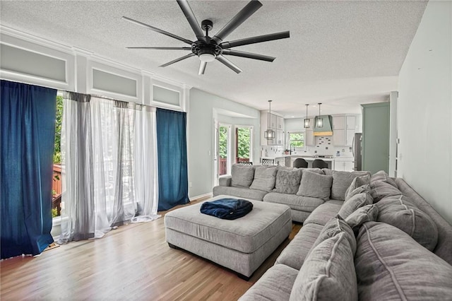 14510 W 138th Ter, Olathe, KS 66062 - living area with a ceiling fan, light wood-type flooring, and a textured ceiling