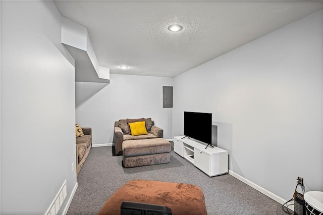 14510 W 138th Ter, Olathe, KS 66062 - carpeted living room with a textured ceiling, electric panel, and recessed lighting