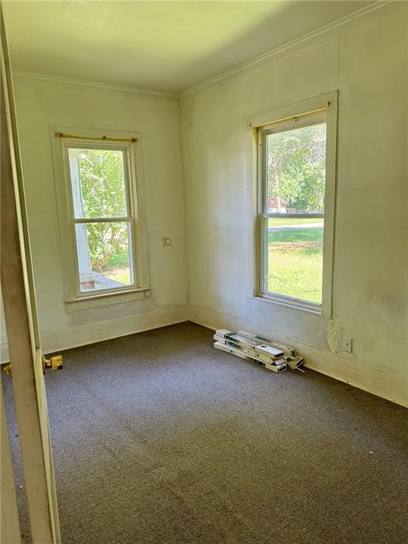810 Center St, Pleasanton, KS 66075 - spare room featuring carpet floors and crown molding