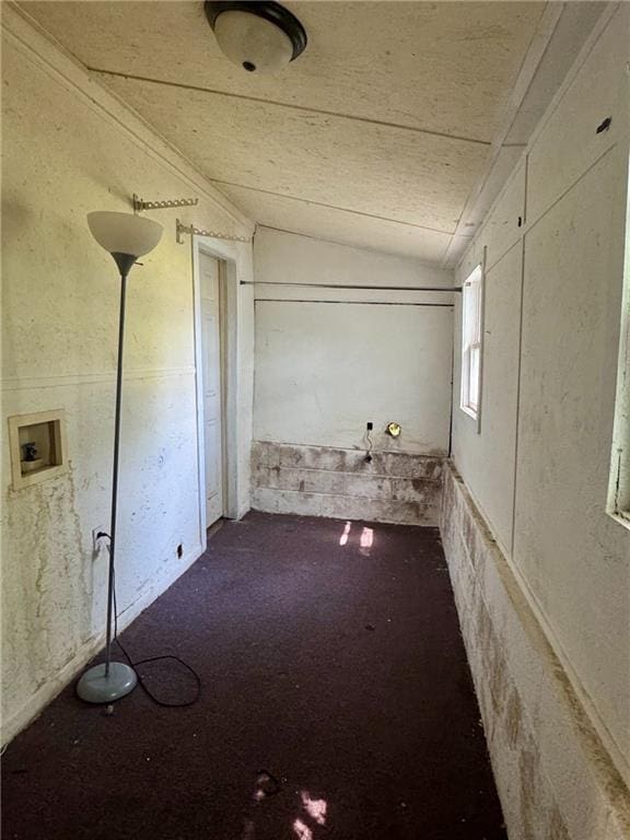 810 Center St, Pleasanton, KS 66075 - empty room with lofted ceiling and dark colored carpet