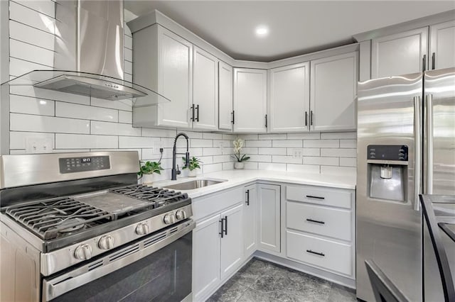 3100 N 56th St, Kansas City, KS 66104 - kitchen featuring appliances with stainless steel finishes, extractor fan, light countertops, backsplash, and white cabinetry