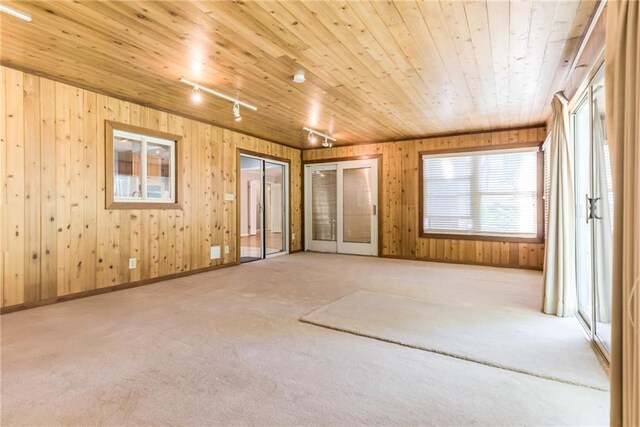 8224 Linden Dr, Prairie Village, KS 66208 - carpeted empty room featuring rail lighting, wood ceiling, wooden walls, and french doors