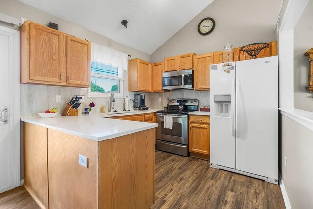 31241 W 172nd Ter, Gardner, KS 66030 - kitchen featuring stainless steel appliances, dark wood finished floors, a peninsula, light countertops, and vaulted ceiling