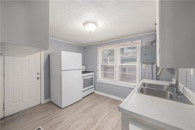221 S High St, Independence, MO 64054 - kitchen featuring white appliances, electric panel, a textured ceiling, light wood-style floors, and crown molding