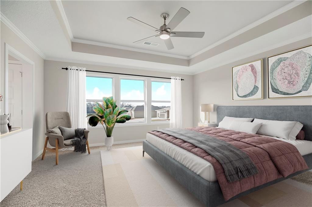 9292 Zarda Dr, Lenexa, KS 66227 - bedroom featuring a raised ceiling, crown molding, light colored carpet, and a ceiling fan