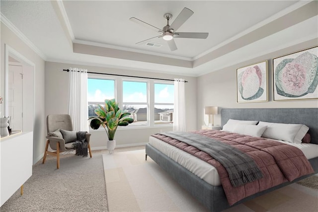 9292 Zarda Dr, Lenexa, KS 66227 - bedroom featuring a raised ceiling, crown molding, light colored carpet, and a ceiling fan