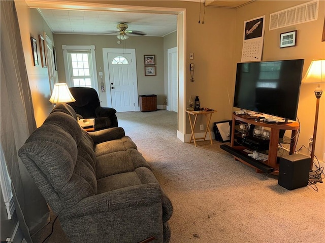 515 W 7th Ave, Garnett, KS 66032 - living area featuring carpet, ceiling fan, and ornamental molding
