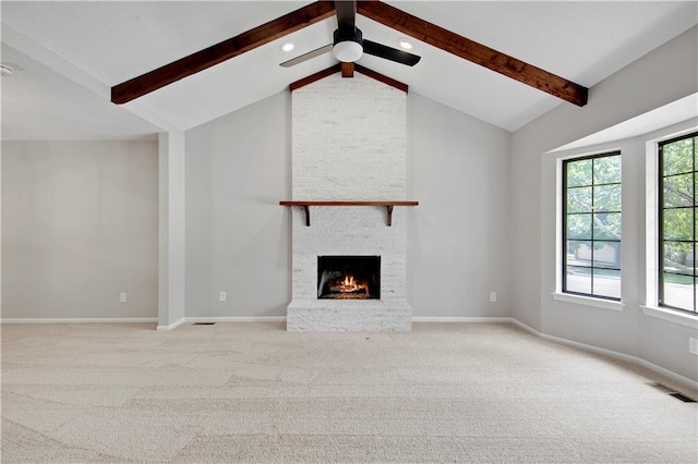 11016 W 96th Ter, Overland Park, KS 66214 - unfurnished living room featuring healthy amount of natural light, a ceiling fan, a large fireplace, light carpet, and recessed lighting