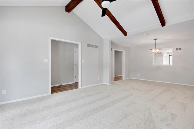11016 W 96th Ter, Overland Park, KS 66214 - unfurnished room featuring light carpet, beam ceiling, ceiling fan, a chandelier, and high vaulted ceiling