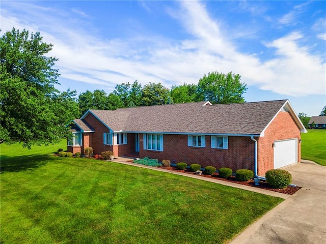 205 E 10th St, Carrollton, MO 64633 - ranch-style home featuring brick siding, driveway, a front yard, a garage, and a shingled roof