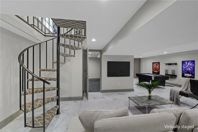 2517 Red Bridge Ter, Kansas City, MO 64131 - living area with marble tiled flooring, stairs, recessed lighting, and billiards