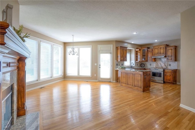 12337 Gillette St, Overland Park, KS 66213 - kitchen featuring high end stainless steel range, a fireplace, brown cabinetry, a textured ceiling, and light wood-type flooring