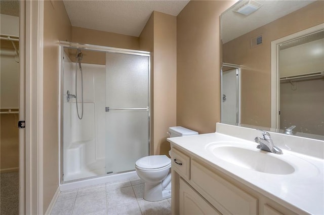 12337 Gillette St, Overland Park, KS 66213 - bathroom featuring a spacious closet, a stall shower, vanity, and a textured ceiling