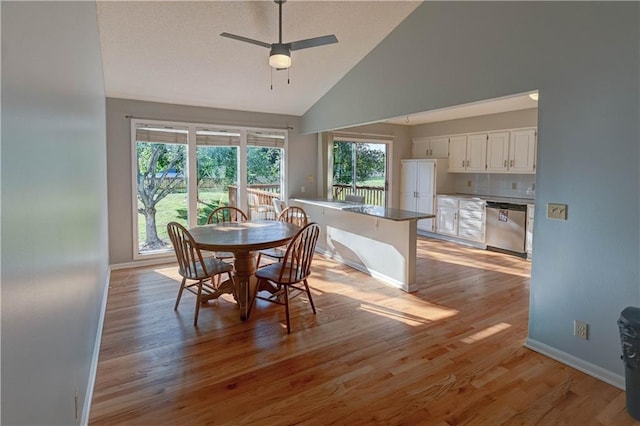 6236 W 156th St, Overland Park, KS 66223 - dining space with a ceiling fan, light wood finished floors, and high vaulted ceiling