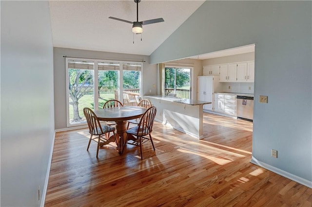 6236 W 156th St, Overland Park, KS 66223 - dining space featuring ceiling fan, light wood-type flooring, and high vaulted ceiling
