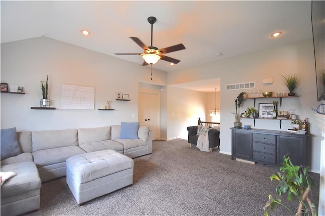 1207 SW 9th St, Oak Grove, MO 64075 - carpeted living room featuring ceiling fan, recessed lighting, and vaulted ceiling