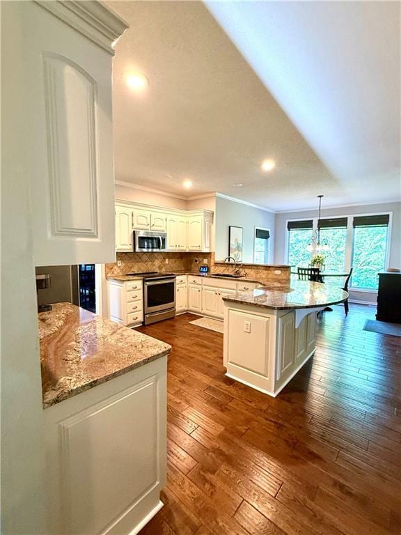 4531 Anderson St, Shawnee, KS 66226 - kitchen with a peninsula, crown molding, dark wood-type flooring, stainless steel appliances, and decorative backsplash