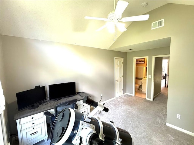 4531 Anderson St, Shawnee, KS 66226 - office featuring lofted ceiling, a ceiling fan, and carpet