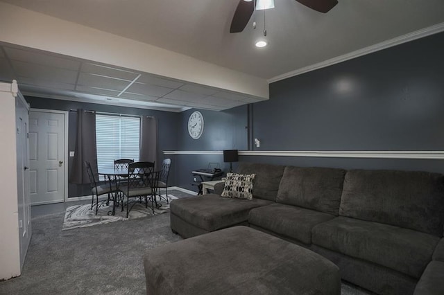 127 Hondo St, Lathrop, MO 64465 - living area featuring ceiling fan, carpet, and ornamental molding