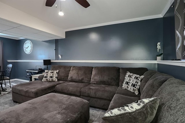 127 Hondo St, Lathrop, MO 64465 - carpeted living room featuring ceiling fan and crown molding