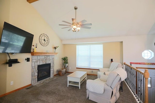 127 Hondo St, Lathrop, MO 64465 - living room with ceiling fan, plenty of natural light, a fireplace, carpet, and high vaulted ceiling