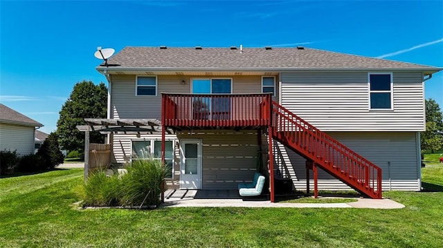 127 Hondo St, Lathrop, MO 64465 - rear view of house with a pergola, a yard, a deck, a patio, and stairway