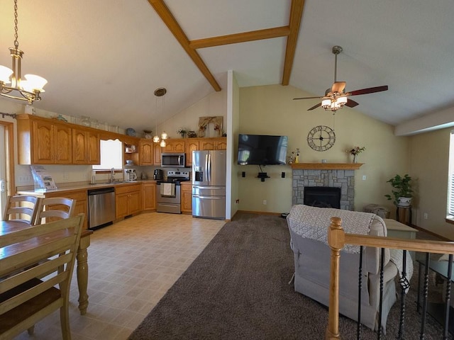 127 Hondo St, Lathrop, MO 64465 - living room with a fireplace, ceiling fan, beam ceiling, a chandelier, and high vaulted ceiling