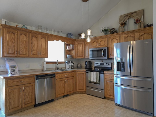 127 Hondo St, Lathrop, MO 64465 - kitchen featuring stainless steel appliances, brown cabinetry, lofted ceiling, light countertops, and open shelves