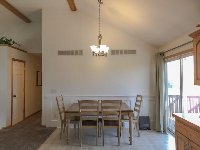 127 Hondo St, Lathrop, MO 64465 - dining room featuring a chandelier, high vaulted ceiling, beam ceiling, wainscoting, and a decorative wall