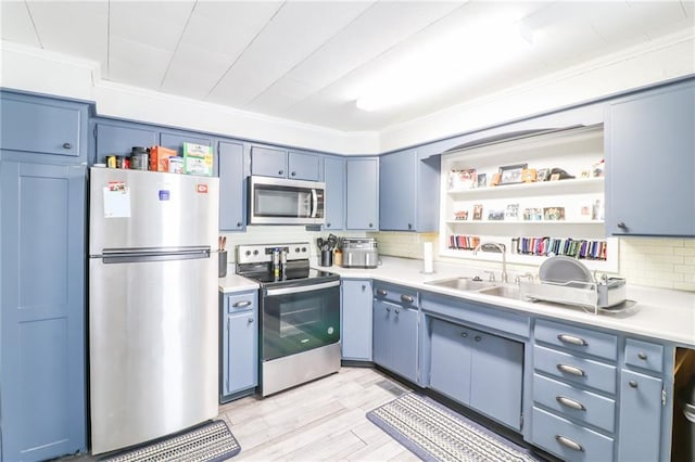 516 W 7th St, Carrollton, MO 64633 - kitchen with stainless steel appliances, open shelves, blue cabinetry, decorative backsplash, and light countertops