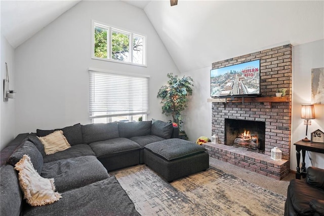 11579 Earnshaw St, Overland Park, KS 66210 - living area with high vaulted ceiling, a brick fireplace, and wood finished floors
