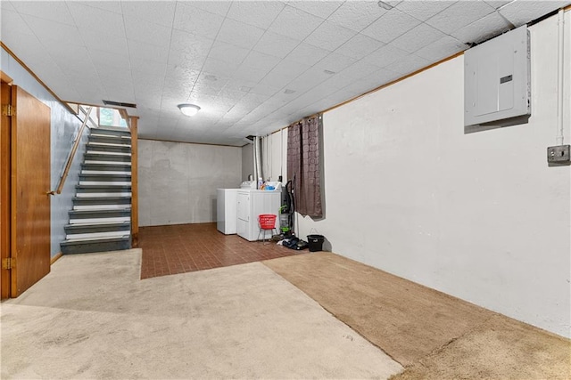 1234 S Pearl St, Independence, MO 64055 - finished basement featuring carpet flooring, separate washer and dryer, electric panel, and stairway