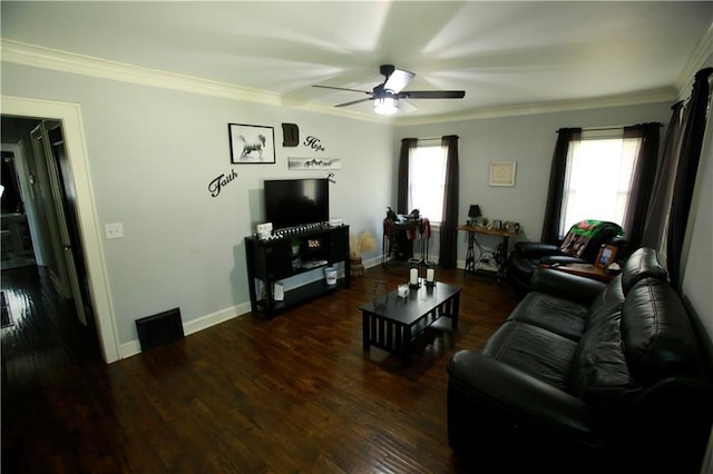 383 E Broadway St, Peculiar, MO 64078 - living room featuring a ceiling fan, crown molding, and wood finished floors
