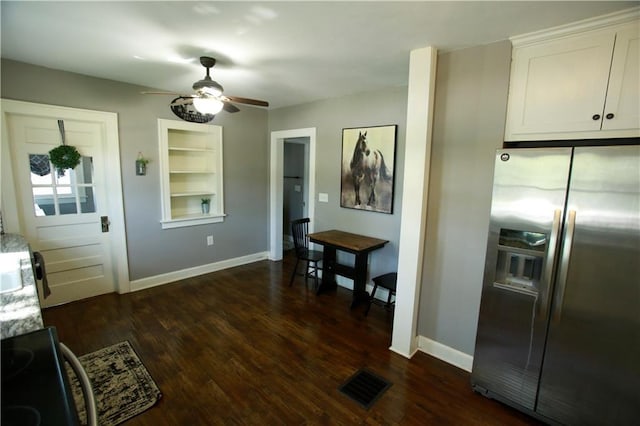 383 E Broadway St, Peculiar, MO 64078 - kitchen with stainless steel fridge with ice dispenser, ceiling fan, built in features, white cabinetry, and dark wood-type flooring