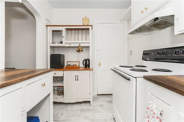 6347 Sni A Bar Rd, Kansas City, MO 64129 - kitchen with white range with electric stovetop, butcher block countertops, open shelves, under cabinet range hood, and white cabinets