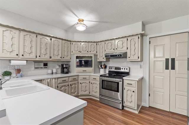 1803 N Jeter Rd, Raymore, MO 64083 - kitchen with stainless steel appliances, under cabinet range hood, decorative backsplash, wood finished floors, and light countertops