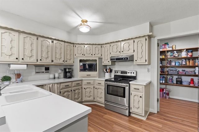 1803 N Jeter Rd, Raymore, MO 64083 - kitchen with appliances with stainless steel finishes, under cabinet range hood, decorative backsplash, light wood-type flooring, and light countertops