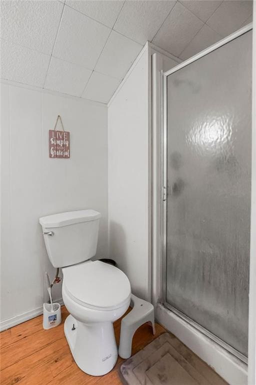 327 Parker Ave, Osawatomie, KS 66064 - bathroom with a stall shower, wood finished floors, and a paneled ceiling