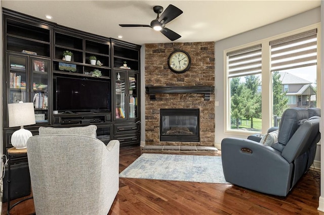 9445 W 157th Pl, Overland Park, KS 66221 - living room with a ceiling fan, wood finished floors, and a fireplace