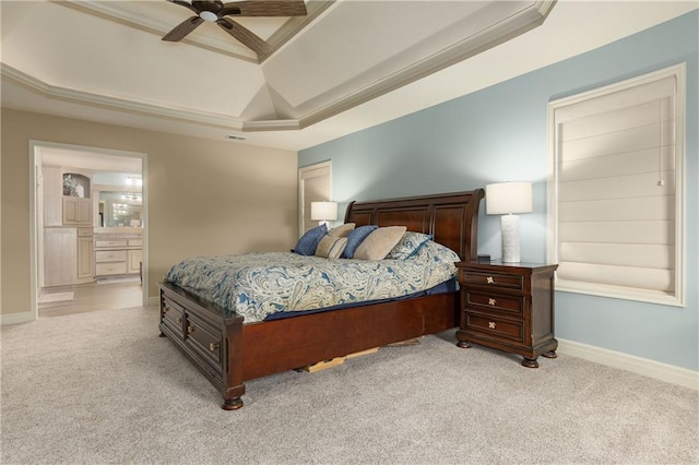 9445 W 157th Pl, Overland Park, KS 66221 - carpeted bedroom with a raised ceiling, ensuite bathroom, and ceiling fan