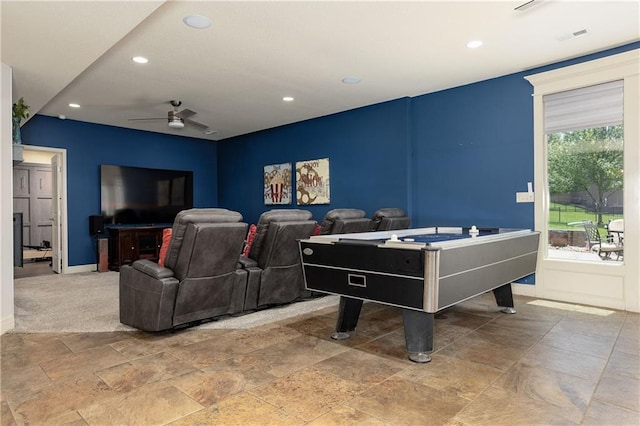 9445 W 157th Pl, Overland Park, KS 66221 - rec room featuring ceiling fan, recessed lighting, and stone tile floors