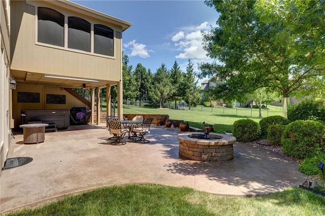 9445 W 157th Pl, Overland Park, KS 66221 - view of patio / terrace featuring an outdoor fire pit, stairs, and a hot tub