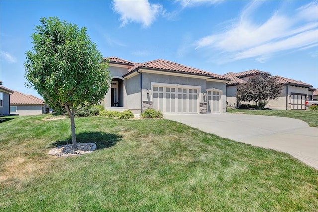 3912 SW Odell Dr, Lees Summit, MO 64082 - mediterranean / spanish-style house featuring an attached garage, stucco siding, a tile roof, stone siding, and concrete driveway