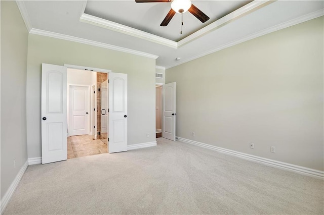 3912 SW Odell Dr, Lees Summit, MO 64082 - unfurnished bedroom featuring a raised ceiling, light carpet, crown molding, and a ceiling fan